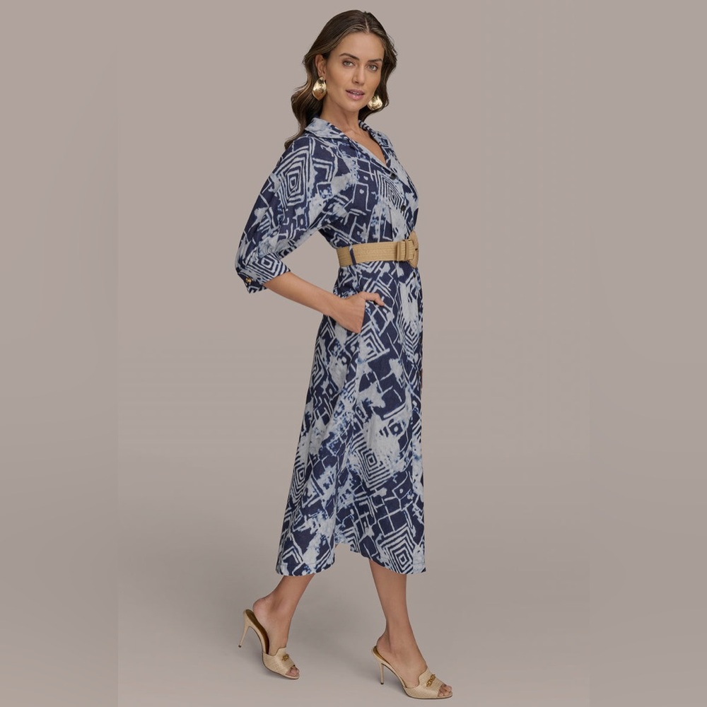 NWT Donna Karan New York LINEN-BLEND PRINTED MIDI SHIRT DRESS Sz 6 - Picture 3 of 16